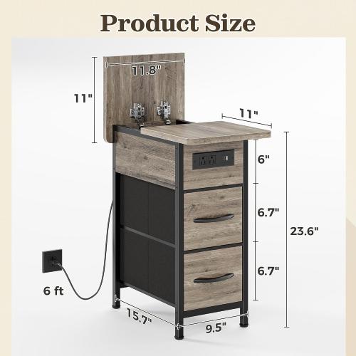 Huuger Narrow End Table with Charging Station, Side Table with 2 Drawers