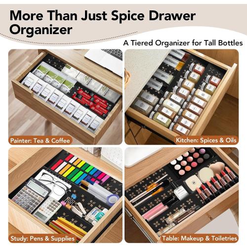 Spice Drawer Organizer 3-Tier Expandable (11-22 Wide), Spice Rack for Cabinet with Funnel & Spice Labels, Fits Large Jars, Seasoning Storage Insert Design for Cabinet & Drawer (Black)