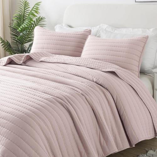 ROARINGWILD Pink Twin Size Quilt Bedding Sets with Pillow Shams, Full Lightweight Soft Bedspread Coverlet, Quilted Blanket Thin Comforter Bed Cover for All Season, 3 Pieces, 68 x 90 inches