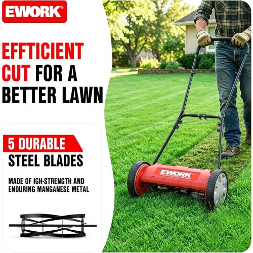 EWORK Push Reel Lawn Mower 23 with 5-Blade Cutting System for Lawn Care | 4 Adjustable Cutting Heights, Sponge-Wrapped Handle, Tool-Less Assembly, Low Noise, Lightweight Reel Mowers for Garden, Yard