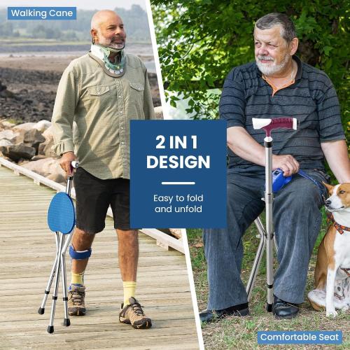 Folding Cane Seat Combo 400 lbs Capacity Portable Cane Stool Handy Folding Crutch Chair Seat 3 Legs Height Adjustable Heavy Duty Thick Aluminum Walking Stick Tall Unisex for Elderly Travelon Blue