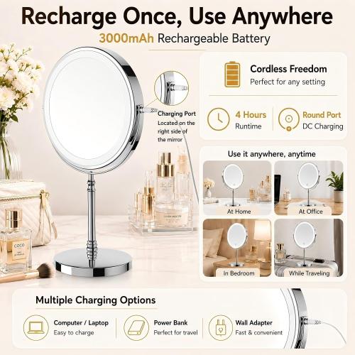 DEIOVWXS Makeup Mirror, Rechargeable Vanity Mirror with 3 Lights, 1X/10X