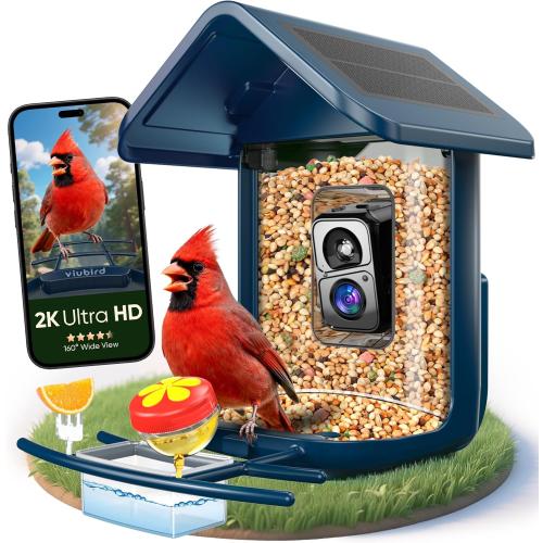 Bird Feeder with Camera Solar Powered - Smart Bird Feeder Camera 2K HD Live Stream, 5MP Photos, AI Identification for Backyard, 2.4Lb Large Capacity, Gifts for Mom Dad, Blue