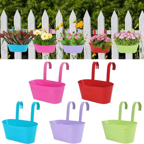 5 Pcs Hanging Flower Pot, Metal Iron Bucket Fence Hanging Planters for Outdoor Plants, Planter Box with Detachable Hooks for Railing Balcony Garden Yard