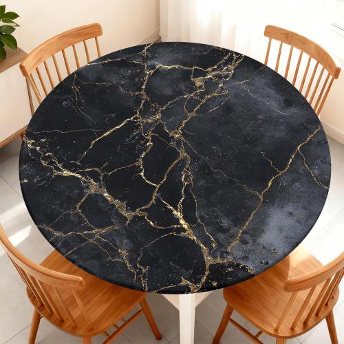 Round Fitted Tablecloth with Elastic Edge Design Table Cover Waterproof Stain-Resistant Wipeable Table Cloth Best for 45-48 Round Tables for Outdoor/Indoor Black Marble