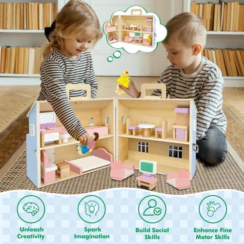 DIY Wooden Dollhouse with 3 Sticker Sheets – Create 2 Styles (White & Pink), Foldable Design with Portable Handle & Metal Lock, 4 Rooms, 16 pcs Furniture, 2 Dolls, Gift for Kids Ages 3