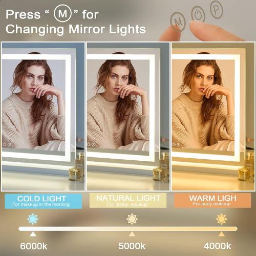 Sucedey 23 x 19 Vanity Mirror with Lights, Large Makeup Mirror with 3 Color Modes & Adjustable Brightness, Detachable 10x Zoom Mirror,Smart Touch Control,Plug in(Tabletop & Wall-Mounted)