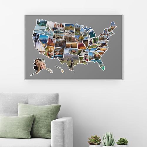 1DEA.me USA Photo Map - 50 States Travel Map - 24 x 36 in - Includes Secure Photo Maker - Easy to Use, Built to Last and Uniquely Yours - Unframed - Gray