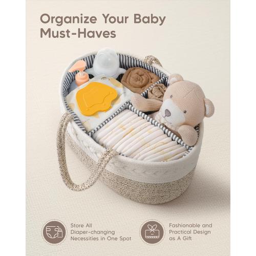 Maliton Baby Diaper Caddy Organizer, X-Large Cotton Rope, Rustic Style, Portable, 3 Compartments, A-Brown