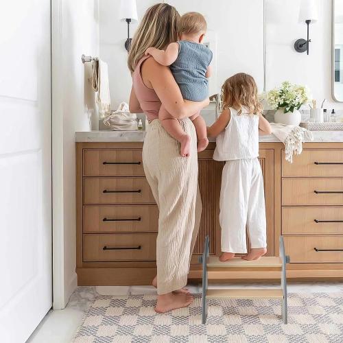Wooden 2 Step Stool for Kids Bathroom Sink Foldable Anti-Slip 2-Step for Toilet Potty Training, Child Stepping Stool for Kitchen Nursery Bedroom, Sturdy Non Slip Adult Stool for Closet Grey