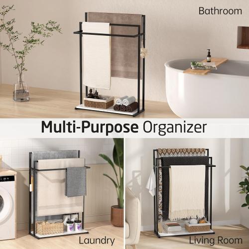 KES 44” Extra Large Free Standing Towel Racks for Bathroom, 3 Tiers Blanket Rack, Blanket Holder for Living Room with Weighted Marble Shelf & 4 Hooks, Black, BTH504-BK