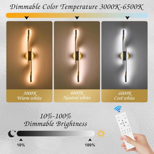Gold Hardwired LED Wall Sconce Set of 2, Remote Control Wall Lamp for Bedroom Modern Dimmable Wall Light for Bedroom Living Room Foyer 15W