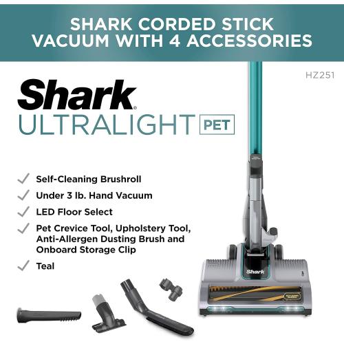 Shark HZ251 Ultralight Corded Stick Self-Cleaning Brushroll, Perfect, Converts to Hand Vacuum, LED Headlights, - Pet Crevice & Upholstery Tools, Teal.32 Quarts Capacity