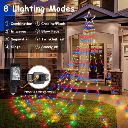 BlcTec Outdoor Christmas Decorations 317 LEDs Christmas Lights with 9 Strands 11.9ft Waterfall Christmas Tree Lights, 8 Modes, Waterproof, Topper Star & Timer for Yard Patio Xmas Décor, Multicolor