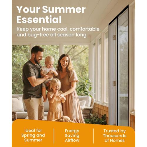 Magnetic Screen Door - Bugs Out, Breeze in - 9min Install Auto-Sealing Heavy Duty Double Stitched Mesh,  Magnets, Hands Free Sliding & Patio Doors Net, Pet & Kid Friendly,