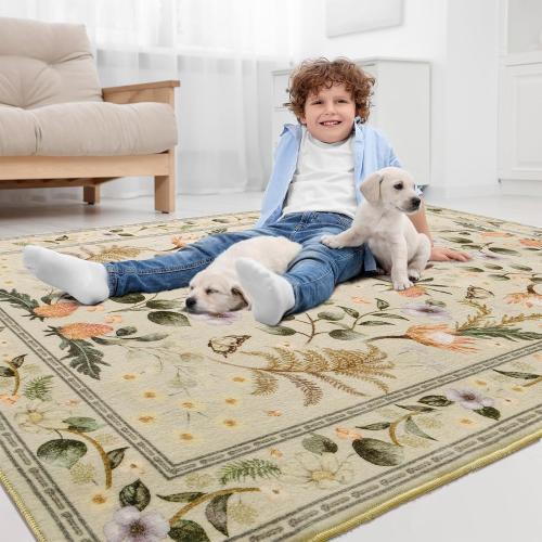 Area Rugs for Living Room, Washable 5x7 Vintage Rug for Bedroom, Non-Slip Floral Carpet for Home Office Nursery Dining Room Kitchen, Beige