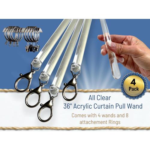 36 inch (4 Pack) All Clear Acrylic Curtain Pull Wand - Clear Drapery Pull Rod for Opening-Closing Curtains. Versatile Curtain Wand - Invisible Drapery Wand - (36 Inch)