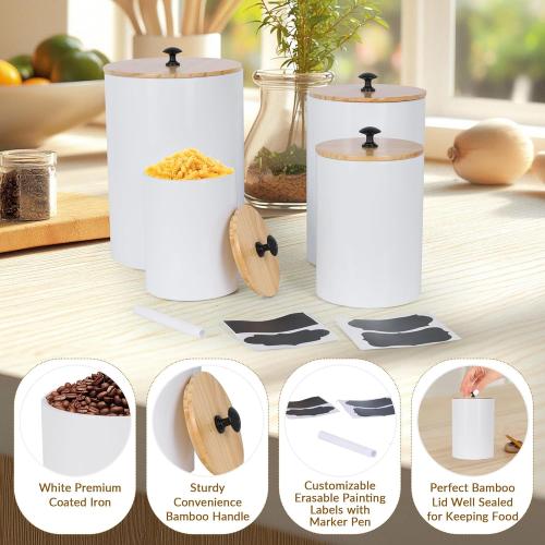 DD DEFINED DECO Kitchen Canisters for Countertop Set of 4,Textured Iron Kitchen Canisters with Airtight Lid &Labels,Marker Pen,White Iron Canister Set for Storage Containers for Coffee, Tea and Sugar