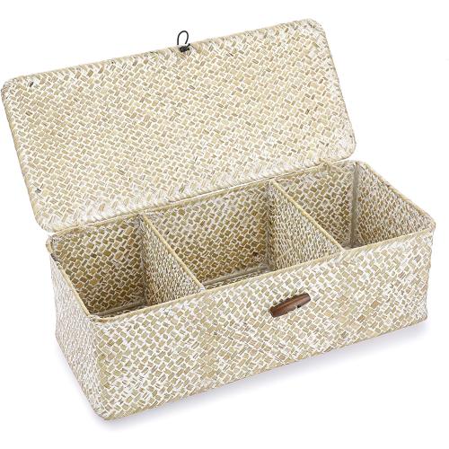Hipiwe Seagrass Storage Basket Bin 3 Sections Hand-Woven Wicker Baskets with Lid Bathroom Basket Toilet Tank Baskets Holder for Organize Snack Tissue, Whitewash