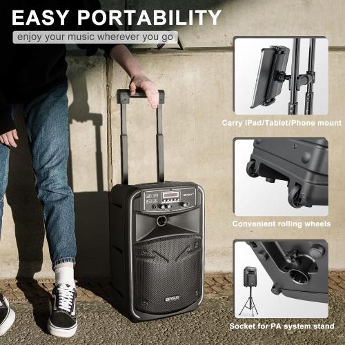 Portable Bluetooth PA System with Wireless UHF Microphone, 8 inch Rechargeable Karaoke Machine,8 inch Subwoofer,FM/LED/TWS/LINE in (GTSK8-2)