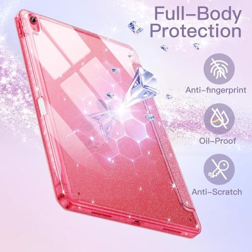 JETech Glitter Case for iPad (A16) 11th/10th Generation (2025/2022) with Pencil Holder, Cute Sparkly Slim Cover for Kids and Girls, Shiny Clear Back Shell (Pink)
