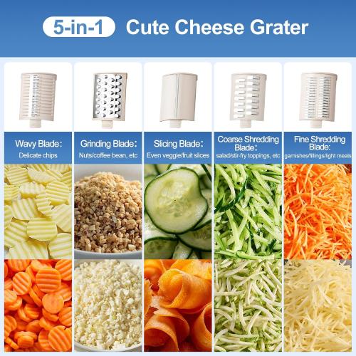 Kawu Electric Cheese Grater, 5-in-1 Automatic Vegetable Slicer Shredder | Salad Maker Food Processor with Container and 10 Blades, Veggie Chopper for Block Cheese, Cabbage, Fruits for Home Kitchen