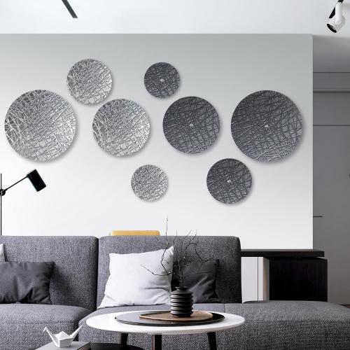 DETENE Set of 8 Metal Wall Hanging Sculptures Large Modern Round Wall art Silver and Grey Wall Decor for Living Room Bedroom Dining Room Wall Decor