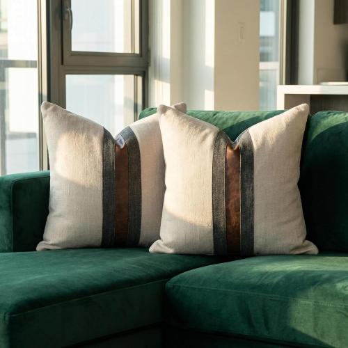 Set of 2 Leather Throw Pillow Covers Cotton Linen Decor Patchwork Pillow Cover Faux Leather Pillows Cover for Couch Sofa Living Room Bedroom,Beige 24x24