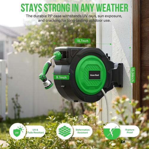 Size 1/2 x 100ft Color Green Retractable Garden Hose Reel, 1/2 in x 100 ft Heavy Duty Wall-Mounted Hose Reel with 180° Swivel Bracket, 10-Pattern Nozzle, Automatic Slow Return System, Any Length Lock for outside Watering,Cleaning