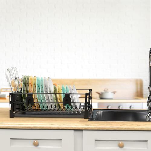 Simple Houseware Dish Drying Rack with Drainboard, Utensil Holder & Mug Hooks, Black Metal Kitchen Counter Organizer