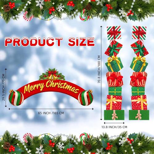 Moukeren 63.8x29.5 Christmas Door Decorations, 3pcs Merry Christmas Gift Box Door Frame Banner Set - Side Banners, Xmas Decor with PVC Hanging Rope for Porch, Classroom, Winter Holiday Party