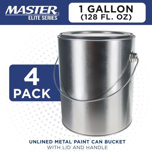 Master Elite 1 Gallon Unlined Empty Metal Paint Can Bucket with Lids, Bail Handles, Pack of 4 - Triple Tight Seal, 128 fl. oz. Steel Coating Storage Container Tin - Store Leftover Oil-Based Paint Auto