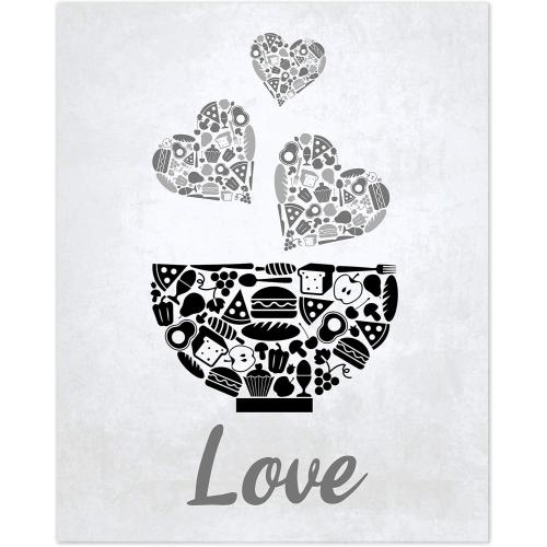 Black Grey White Mosaic Vintage Inspirational Kitchen Restaurant Cafe Bar Wall Art Decorations Eat Drink Love Wine Coffee Hearts Prints Posters Signs Sets for Rustic Farmhouse Country Home Dining