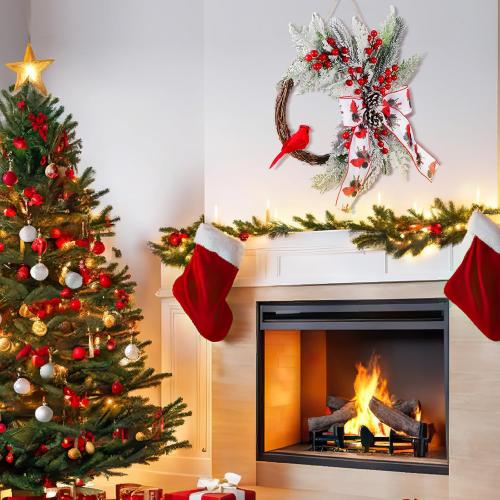 Hoteam 16 Inch Christmas Wreaths for Front Door Cardinal Christmas Ornaments Xmas Winter White Red Bird Berry Clusters Pine Cones Decor for Xmas Holiday Indoor Outdoor Home Window Gift