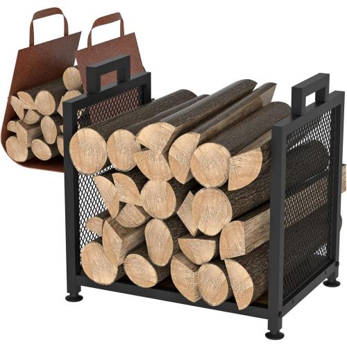 Firewood Rack for Indoor, Heavy Duty Fire Wood Racks Holder, 17.32 Metal Wood Storage Log Holder with Leather Carrier, Small Firewood Stand for Fireplace Patio Deck, Black