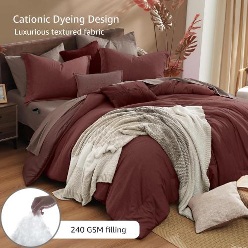 Monbix Queen Comforter Set - Cationic Dyeing Dark Red Bed in a Bag Queen Bedding Sets with Comforter, Sheets, Pillowcases. Reversible Bedding Comforter