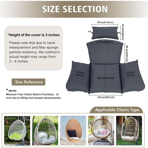 Egg Chair Cushion – Outdoor Hanging Chair Cushion, Replacement Cushions for Patio Swing, Waterproof, Fade- Resistant, Removable & Machine Washable Cover, Dark Grey