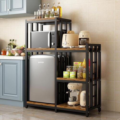Kitchen Bakers Rack, 4-Tier 3-Tier Workstation Organizer Shelf, Free Standing Kitchen Utility Cart Storage Shelf Organizer Utility Microwave Stands Storage for Spice（Rustic Brown）