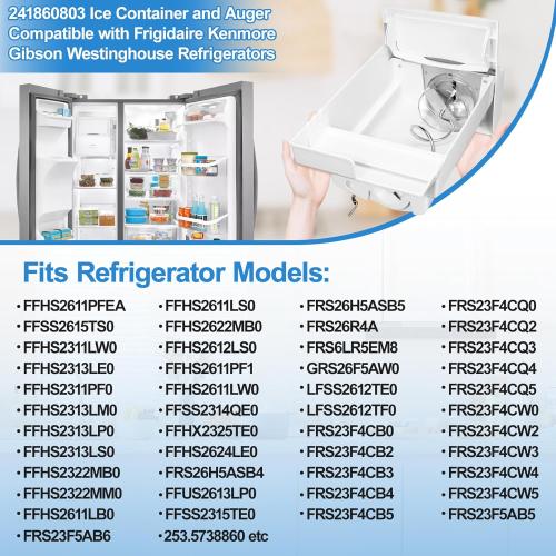 Upgraded 241860803 Refrigerator Ice Bucket Compatible with Frigidaire Ice Maker Replacement Ice Bin Container Auger Assembly AP4300918 LFSS2612TF0 FFSS2615TS0 FFHS2611PFEA LFSS2612TE0 Ice Maker Parts
