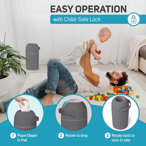 Color Grey L.A. Baby Magic Diaper Pail - Patented 100% Odor-Free System with Child-Safe Lock - Award-Winning Design - No Refills Required - Works with Regular Trash Bags - Gray