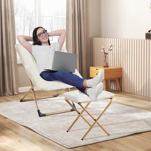 Youtanic Comfy Oversized Saucer Chair with Ottoman,Soft Faux Fur Reading Lounge Chair for Adults,Stable X-Large Metal Frame and Non-Slip Pad,Cozy Chair for Bedroom, Living Room, Dorm, Office, Beige