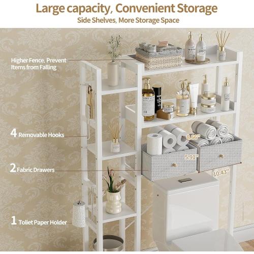Housolution Over The Toilet Storage with 2 Drawers, 7 Tier Over Toilet Bathroom Organizer with Height Adjustable Shelves and Hooks, Space Saver Above Toilet Rack for Bathroom/Restroom/Laundry, White