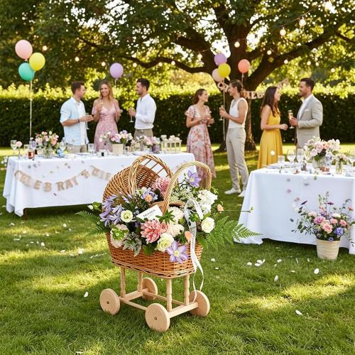 Wicker Flower Girl Basket with Handle, Vintage Rattan Baby Stroller Basket for Wedding Ceremony, Woven Baby Shower Decoration Basket for Church Parties