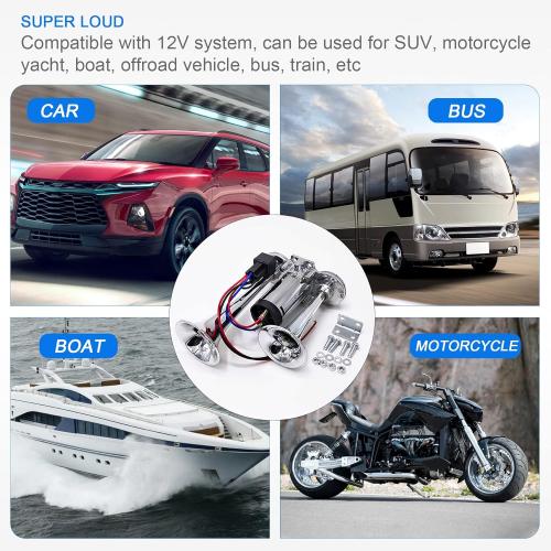 JDMSPEED New 12V 150DB Dual Trumpets Electric Horn Super Loud Air Horn Car Horns Kit With Compressor Replacement For Truck Boat Train Speaker Cars Van Ship Chrome