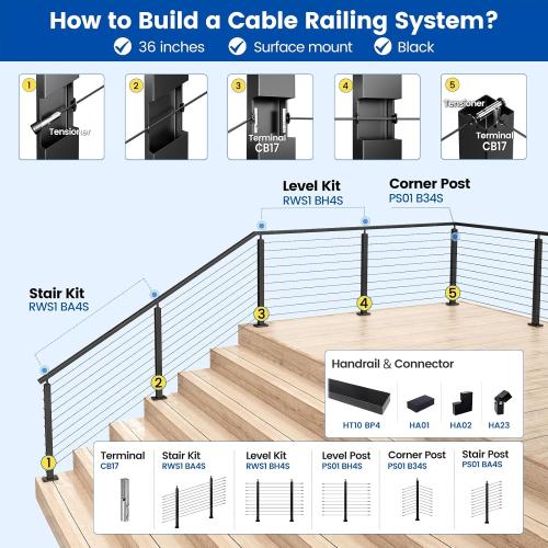 Muzata Size  10-15FT Modular Black Cable Railing Kit 36 Inch 3 Stair Post Kit Complete Set Cable Railing System for Stairs Length Adjustable Easy DIY with Paper User Guide (No Handrail) RWS1 BA4S