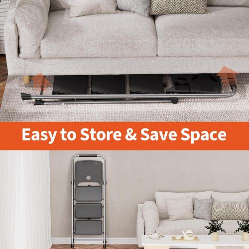 3 Step Ladder, Folding Step Stool with Tool Platform, Wide Anti-Slip Pedal and Anti-Slip Feet, Sturdiest Steel Construction, 600lbs Capacity Steel Ladder for Home Office, Grey