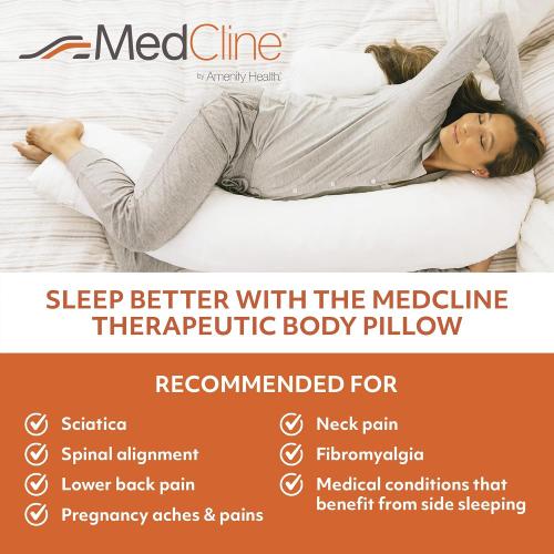 MedCline Therapeutic Full Length Body Pillow, Adjustable Shredded Memory Foam Pillow for Side Sleepers, J-Shaped Body Pillow for Neck, Back, and Hip Support, Removable Washable Cover, 22x50x6