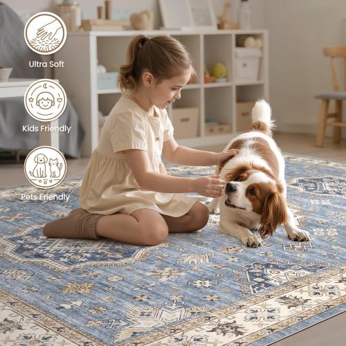 Washable Area Rugs for Living Room -Neutral Vintage Distressed Floral Farmhouse Boho Large Soft Floor Rug Indoor Non Slip Carpet for Living Room Bedroom Dining Room Office - Blue