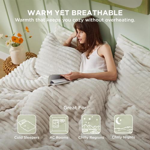 Bedsure Queen Comforter Set - GentleSoft™ 3 Pieces Fluffy Double-Side Fleece Comforter Set, Cozy Striped Room Decor Aesthetic, Luxury Linen Bedding Queen Size with 2 Pillowcases, 90x90 Inches