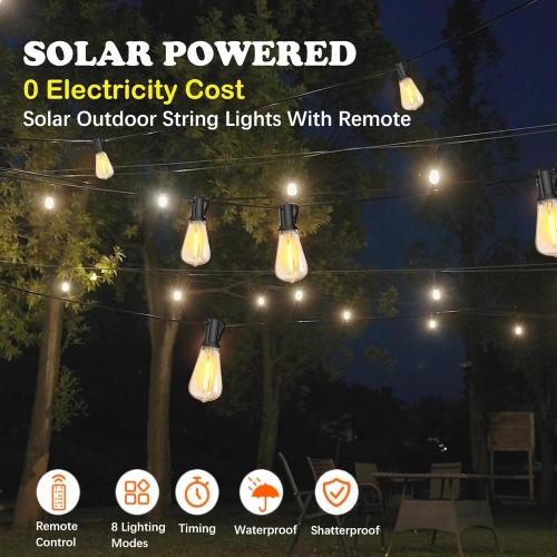 Black Stright Solar Powered String Light 100FT with Remote Control 8 Light Modes, Weatherproof Shatterproof ST38 LED Bulb 30 Sockets for Backyard Porch Cafe, Large Solar Panel